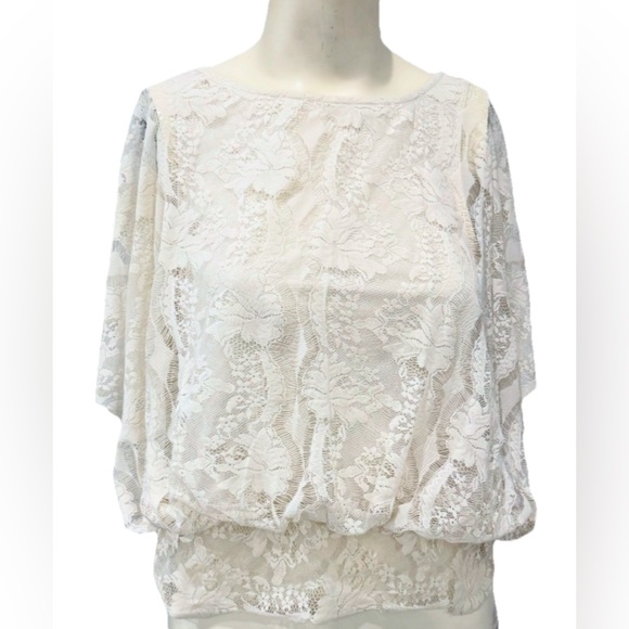 Free People Ivory Lace Boho Blouse Top XS Sheer Scalloped Hem Dolman Sleeve - Picture 5 of 13